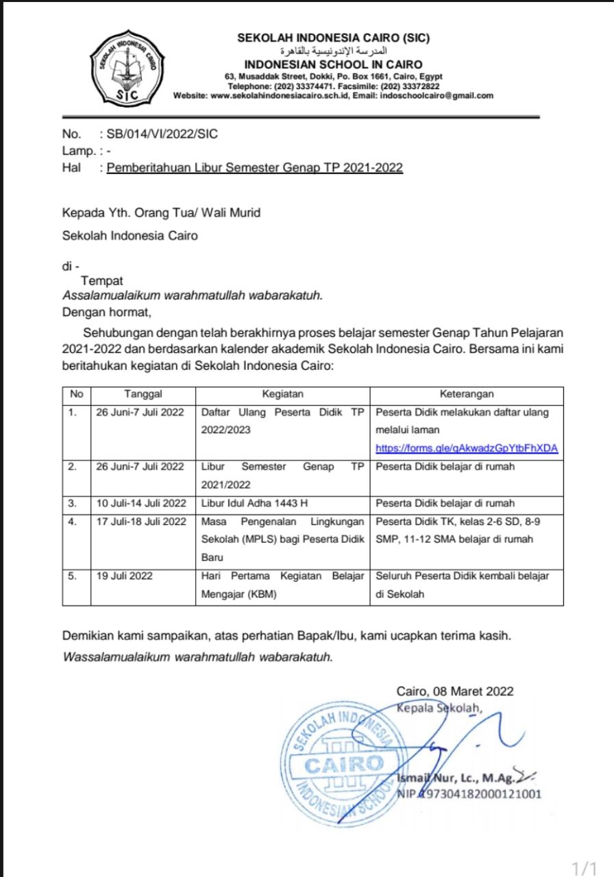 Surat Pemberitahuan Libur Semester Genap TP 2021/2022 – Sekolah ...